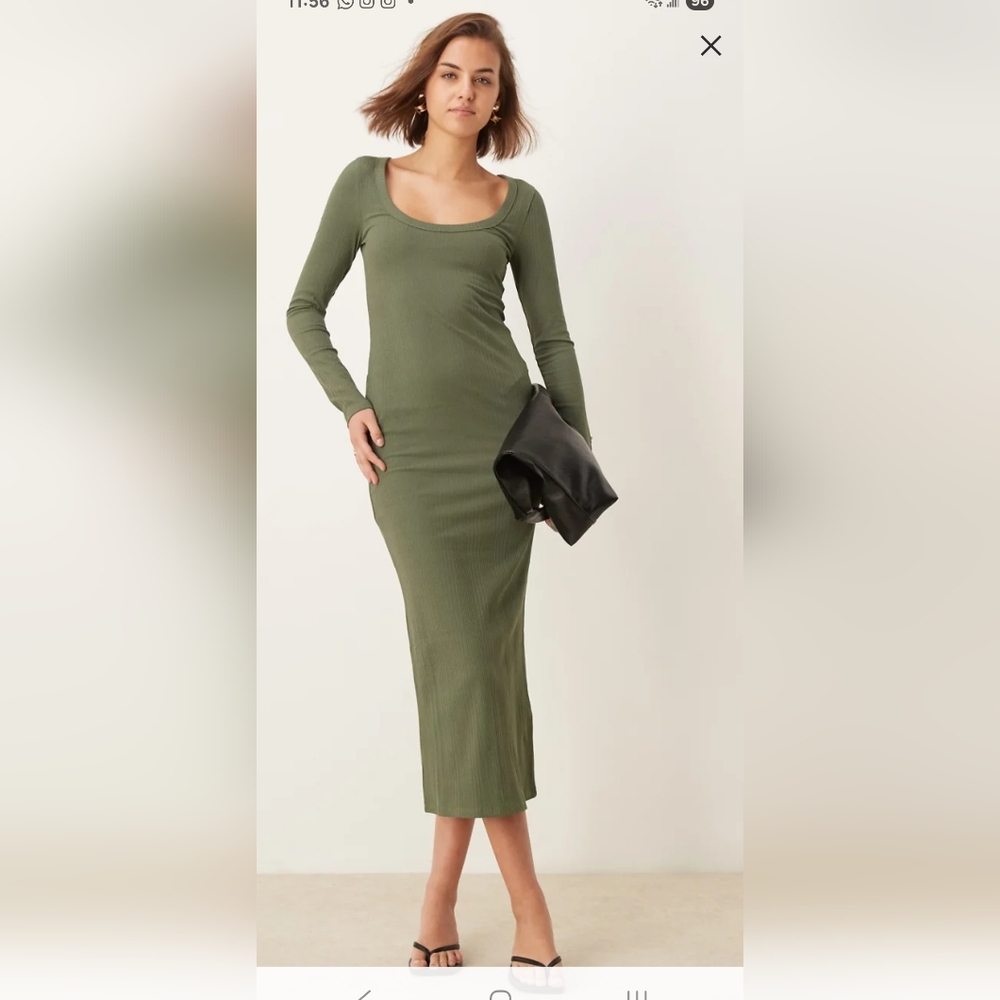 Asos Design Spaced Ribbed Long Sleeve Scoop Midi Dress